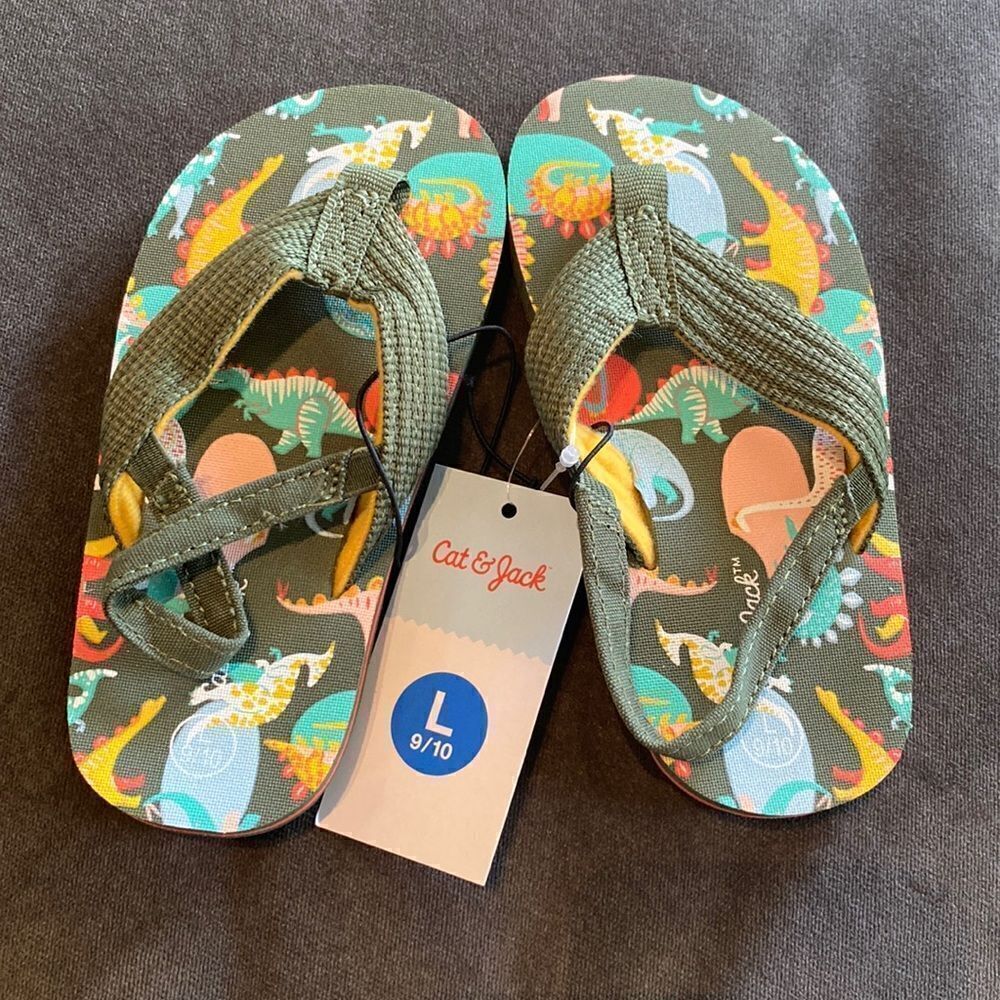 Kids Little Boy Dinosaur Flip Flops Green Size L (9/10)